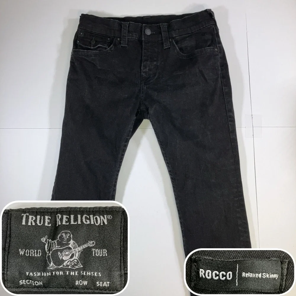 True Religion Rocco Jeans Mens 32 Black Relaxed Skinny Flap Pocket Stretch 32x34